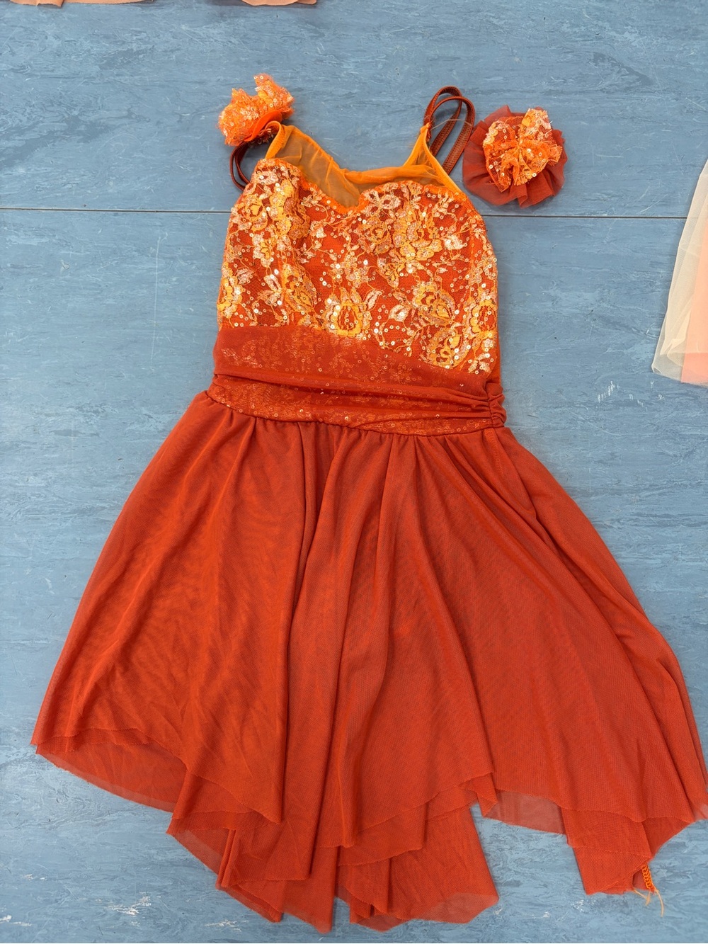 Kids Orange Floral Sequin Dance Costume Dress